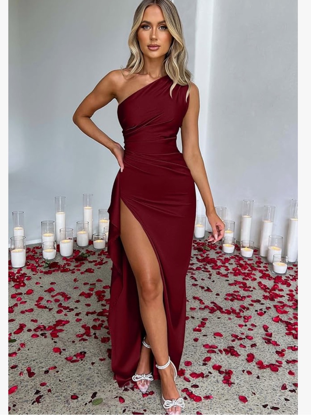 OYS Formal Gown Sexy One Shoulder High Slit Satin Wine Red S & M
